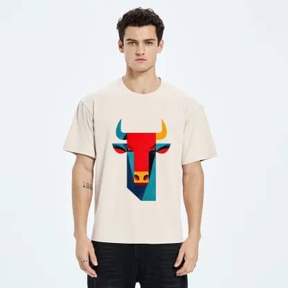 Tokyo-Tiger Geometric Bull Head Art Washed T-Shirt
