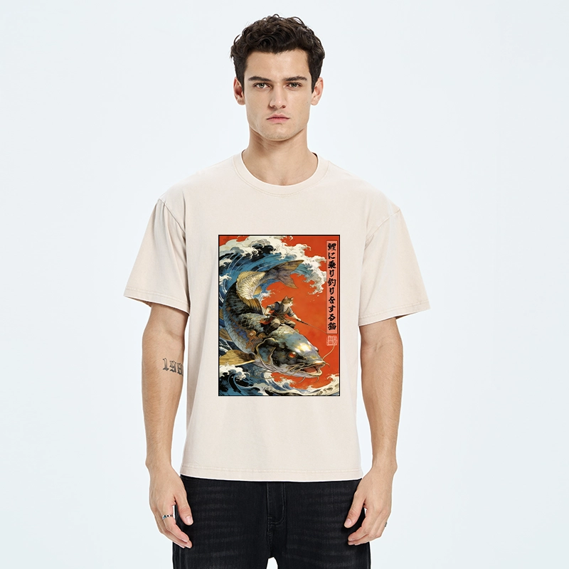 Tokyo-Tiger Ukiyo E Cat Fishing Art Washed T-Shirt