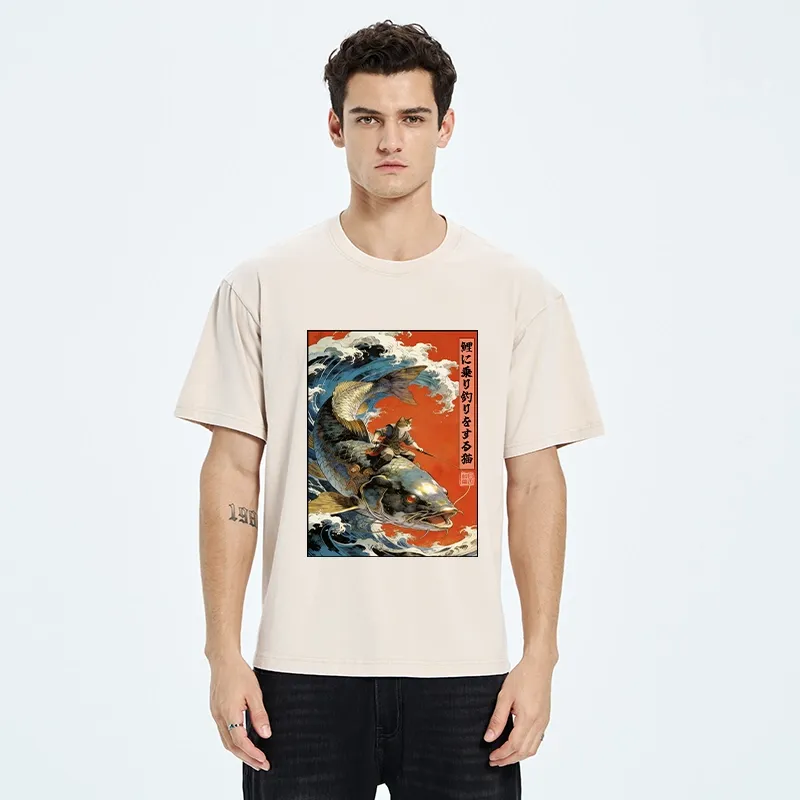 Tokyo-Tiger Ukiyo E Cat Fishing Art Washed T-Shirt