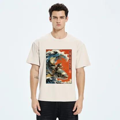 Tokyo-Tiger Ukiyo E Cat Fishing Art Washed T-Shirt