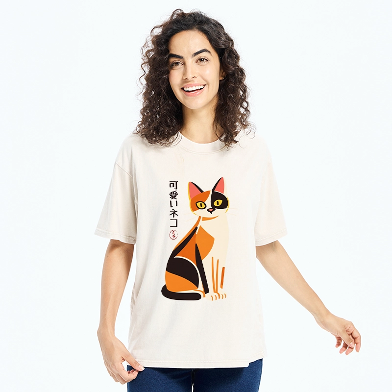 Tokyo-Tiger Cute Calico Cat Japanese Minimal Art Washed T-Shirt
