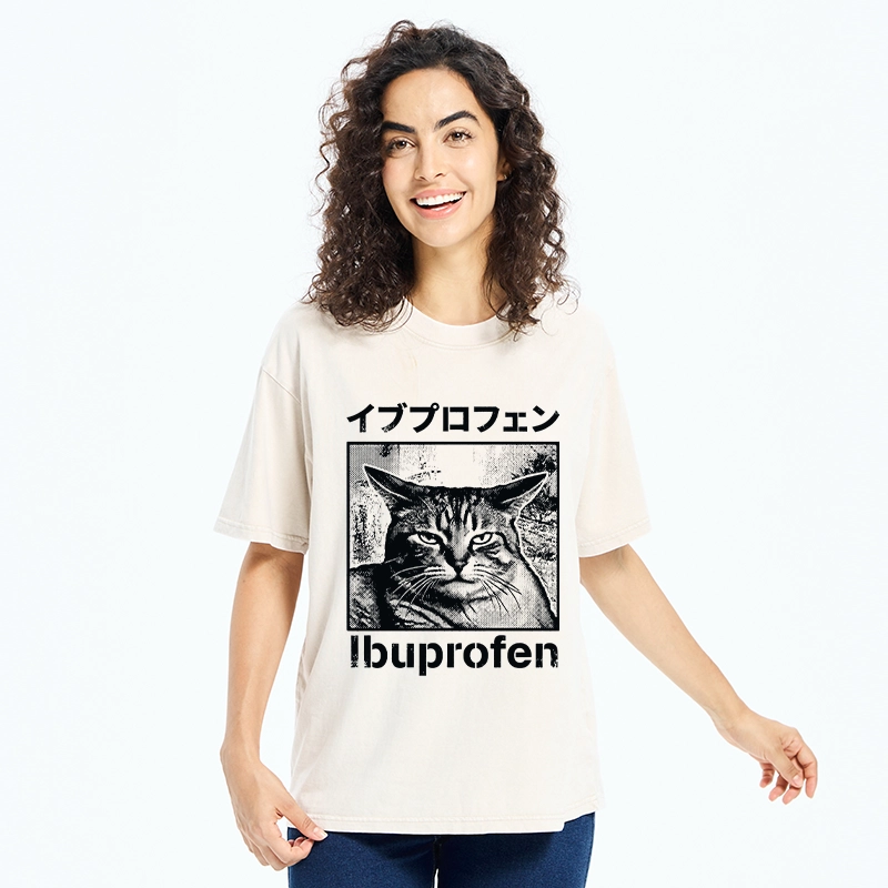 Tokyo-Tiger Tough Cat Loves Ibuprofen Pain Relief Washed T-Shirt