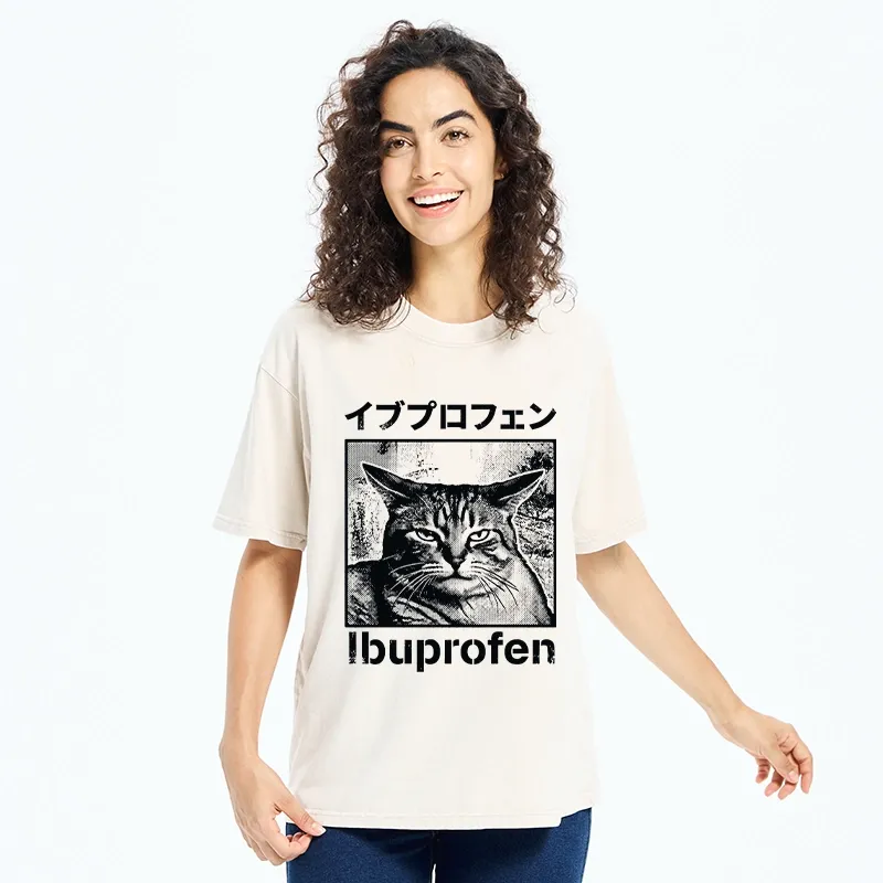 Tokyo-Tiger Tough Cat Loves Ibuprofen Pain Relief Washed T-Shirt