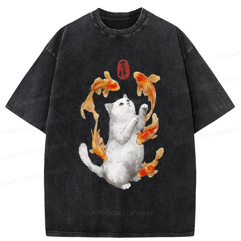 Tokyo-Tiger Zen Cat And The Dancing Fish Washed T-Shirt