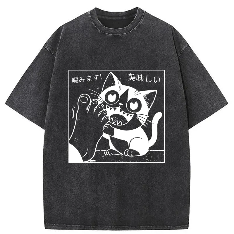 Tokyo-Tiger Cat Chewing Human Feet Washed T-Shirt