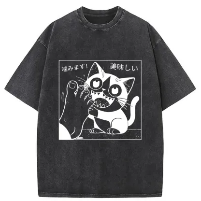 Tokyo-Tiger Cat Chewing Human Feet Washed T-Shirt