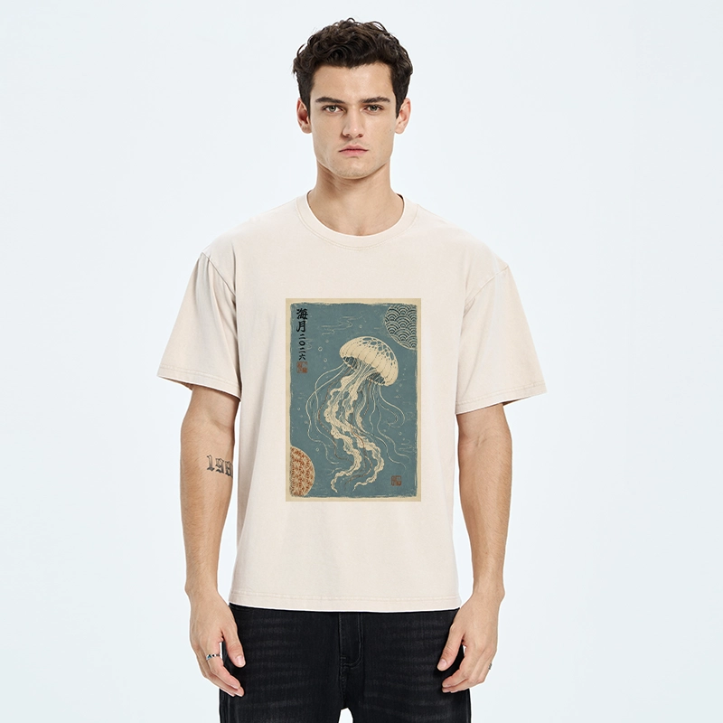 Tokyo-Tiger Vintage Blue Jellyfish Underwater Art Washed T-Shirt
