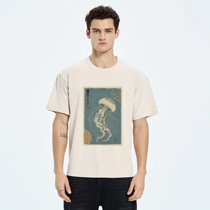 Tokyo-Tiger Vintage Blue Jellyfish Underwater Art Washed T-Shirt