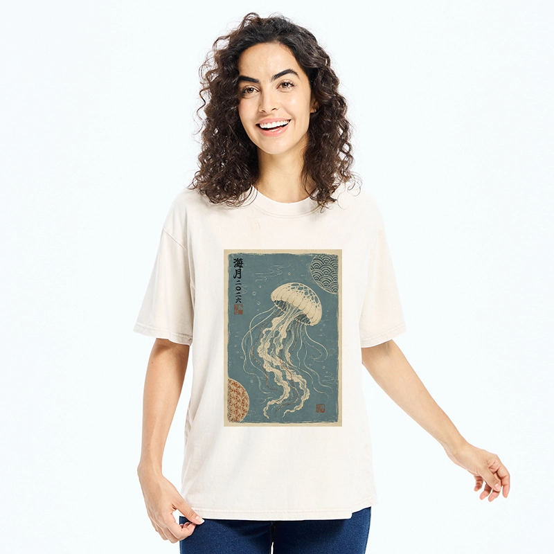 Tokyo-Tiger Vintage Blue Jellyfish Underwater Art Washed T-Shirt