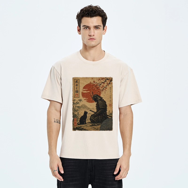 Tokyo-Tiger Samurai And Black Cat Mountain Washed T-Shirt
