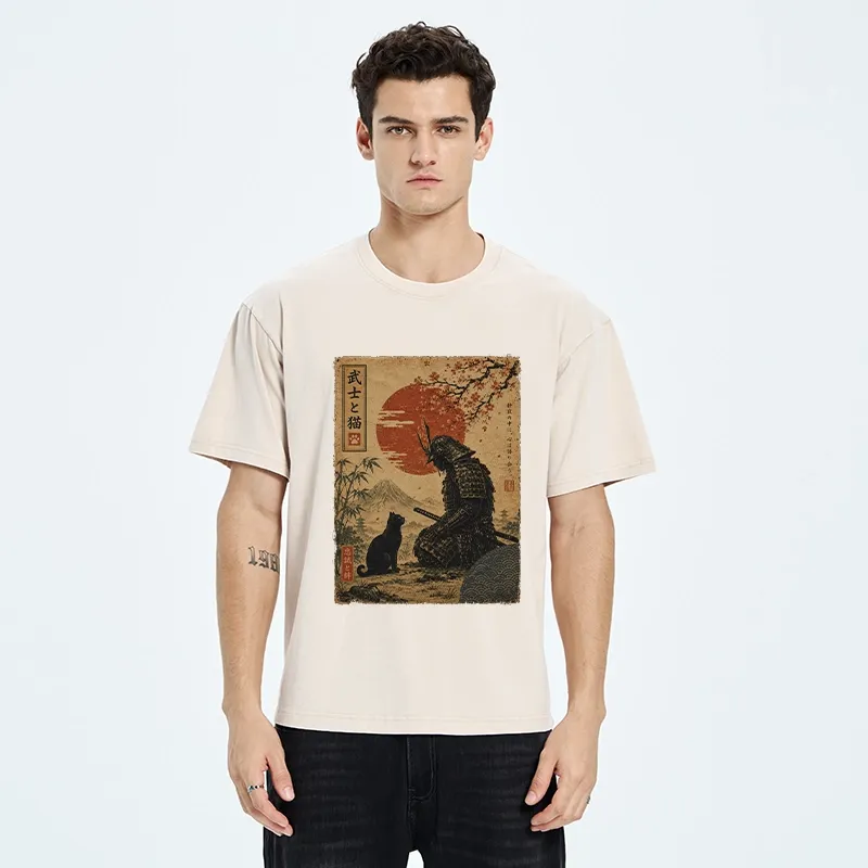 Tokyo-Tiger Samurai And Black Cat Mountain Washed T-Shirt