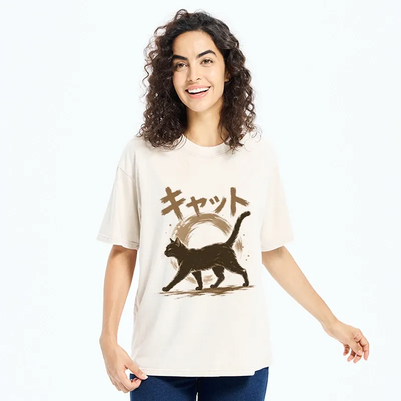 Tokyo-Tiger Retro Brush Stroke Black Cat Walking Washed T-Shirt