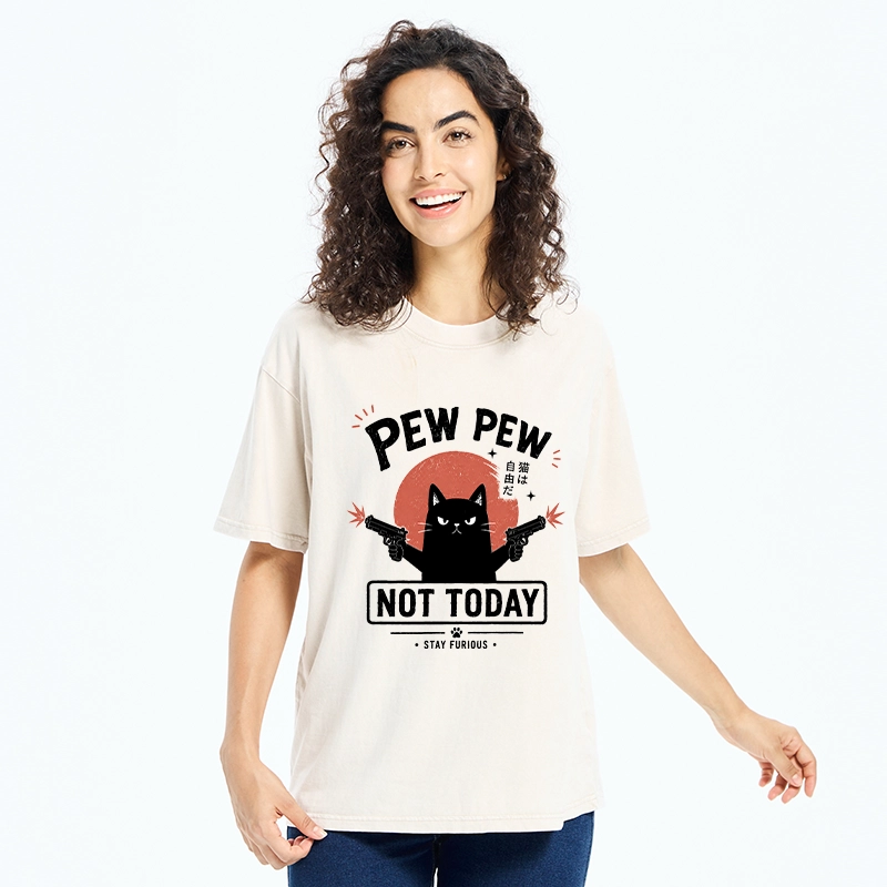 Tokyo-Tiger Not Today Black Cat Dual Pistols Mode Washed T-Shirt