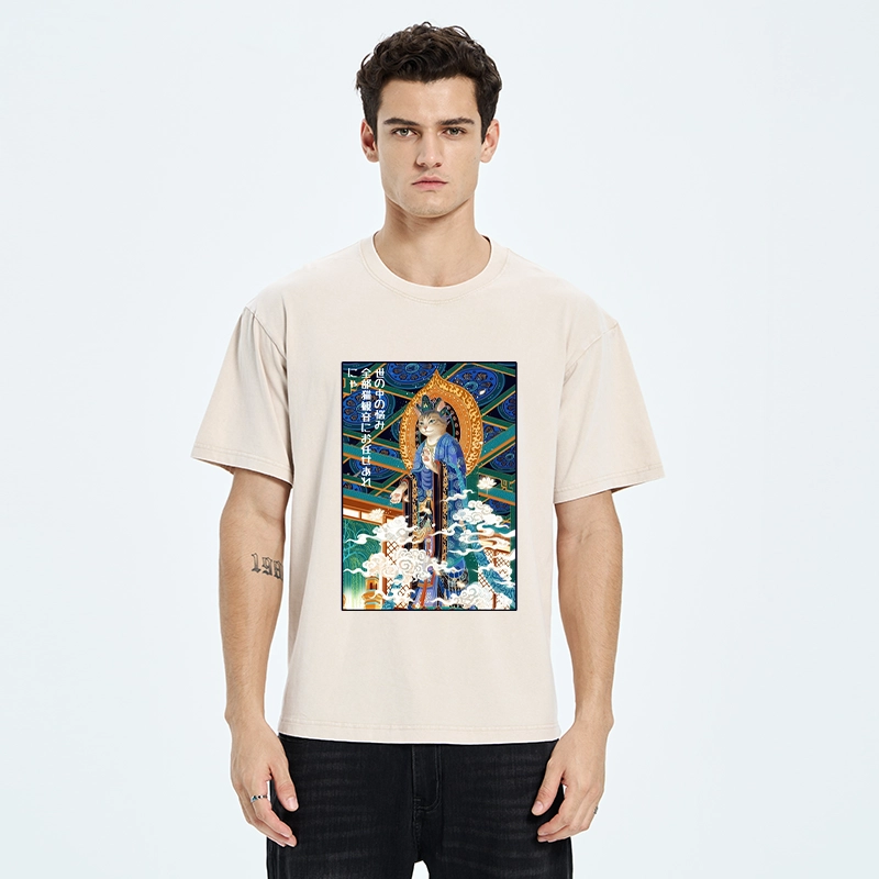 Tokyo-Tiger Peaceful Cat Buddha Asian Graphic Washed T-Shirt