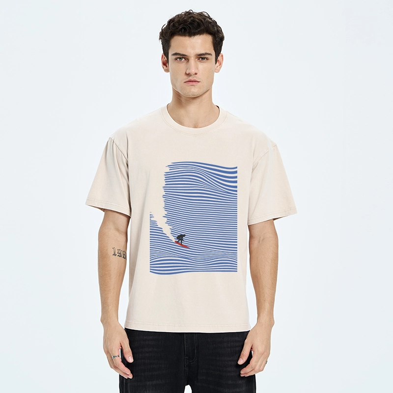Tokyo-Tiger Ocean Line Surf Graphic Print Washed T-Shirt