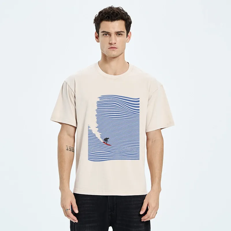 Tokyo-Tiger Ocean Line Surf Graphic Print Washed T-Shirt