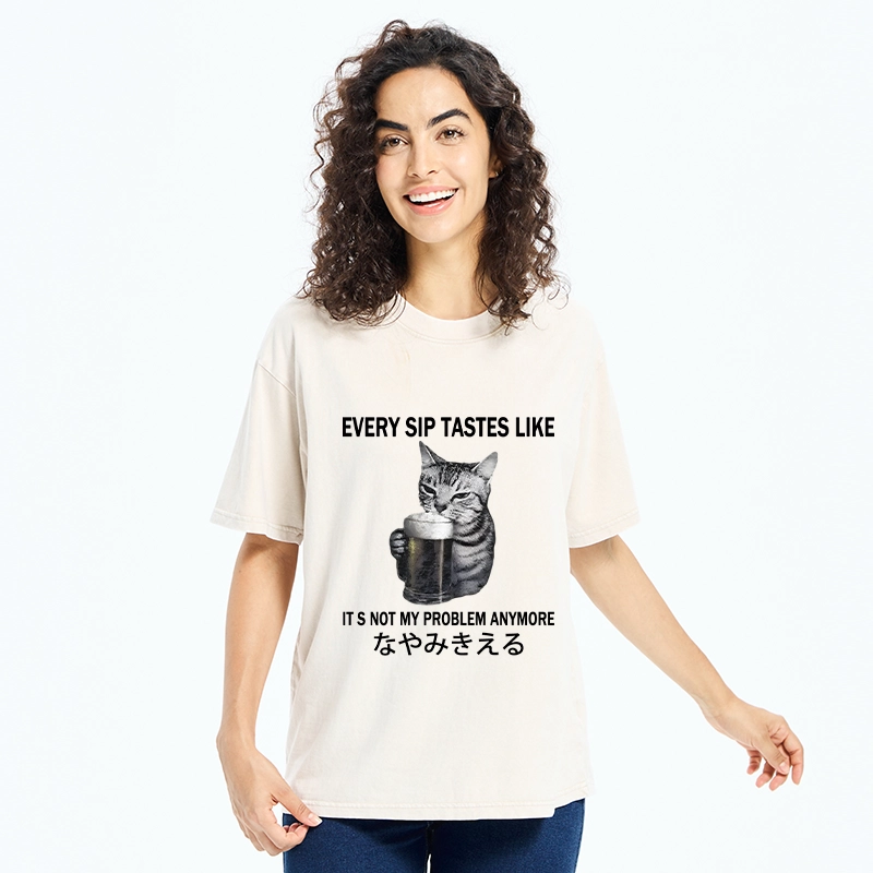 Tokyo-Tiger Chill Beer Cat Relax Graphic Washed T-Shirt