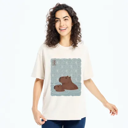 Tokyo-Tiger Onsen Capybara Calming Art Washed T-Shirt