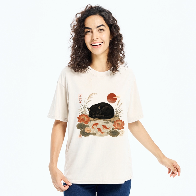 Tokyo-Tiger Peace Lotus Black Cat Koi Art Washed T-Shirt
