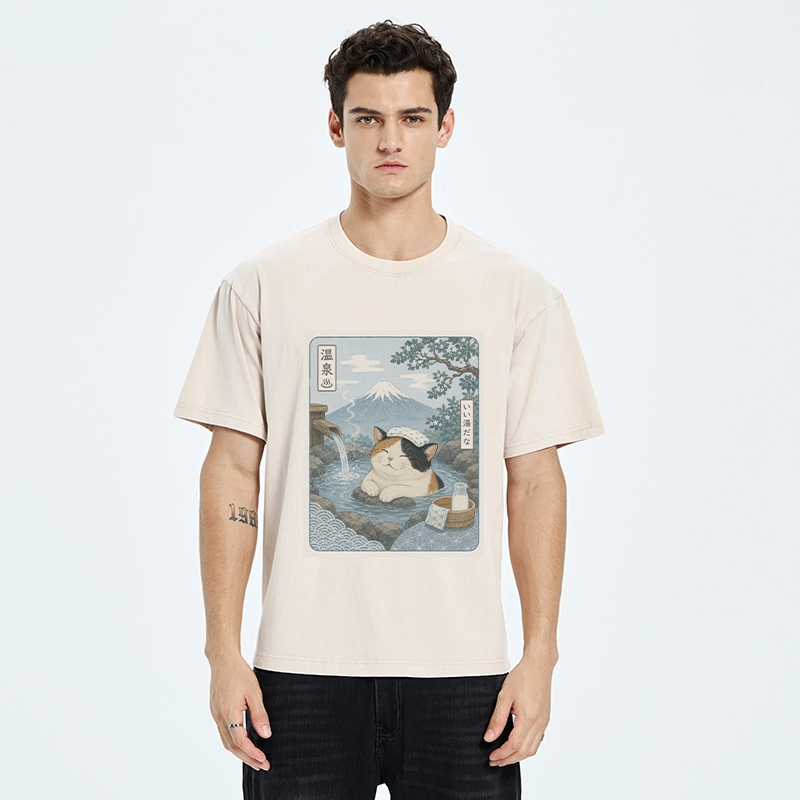 Tokyo-Tiger Mount Fuji Onsen Cat Calming Art Washed T-Shirt