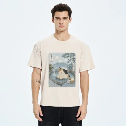 Tokyo-Tiger Mount Fuji Onsen Cat Calming Art Washed T-Shirt