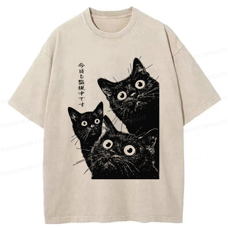 Tokyo-Tiger Three Cats Are Watching You Today Washed T-Shirt