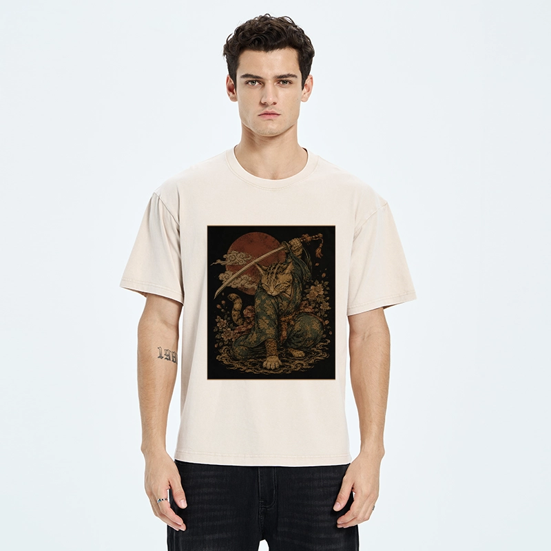 Tokyo-Tiger Samurai Cat Sword Floral Japanese Art Washed T-Shirt