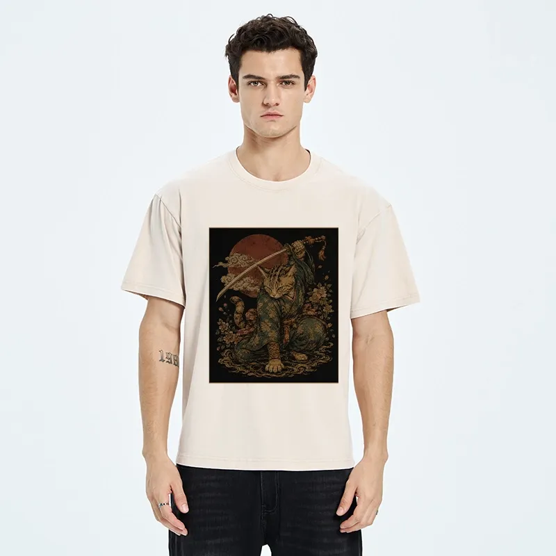 Tokyo-Tiger Samurai Cat Sword Floral Japanese Art Washed T-Shirt