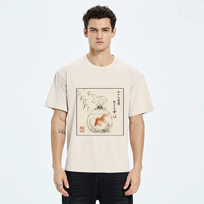 Tokyo-Tiger Goldfish Bag Minimal Ink Art Washed T-Shirt