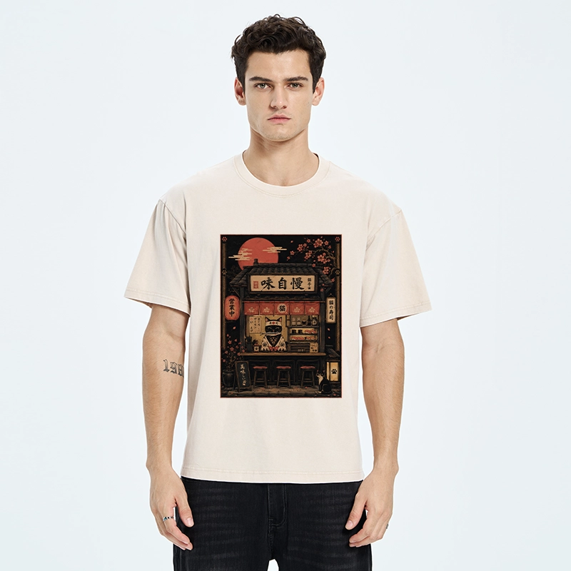 Tokyo-Tiger Cat Sushi Shop Retro Street Art Washed T-Shirt