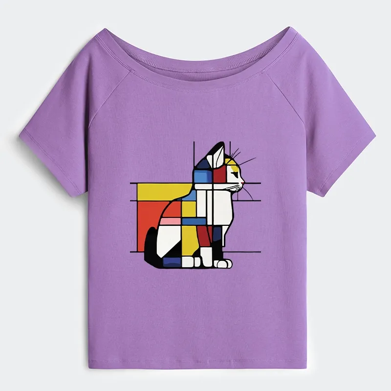Tokyo-Tiger Geometric Cat Art In Primary Colors Off Shoulder T-Shirt Sale