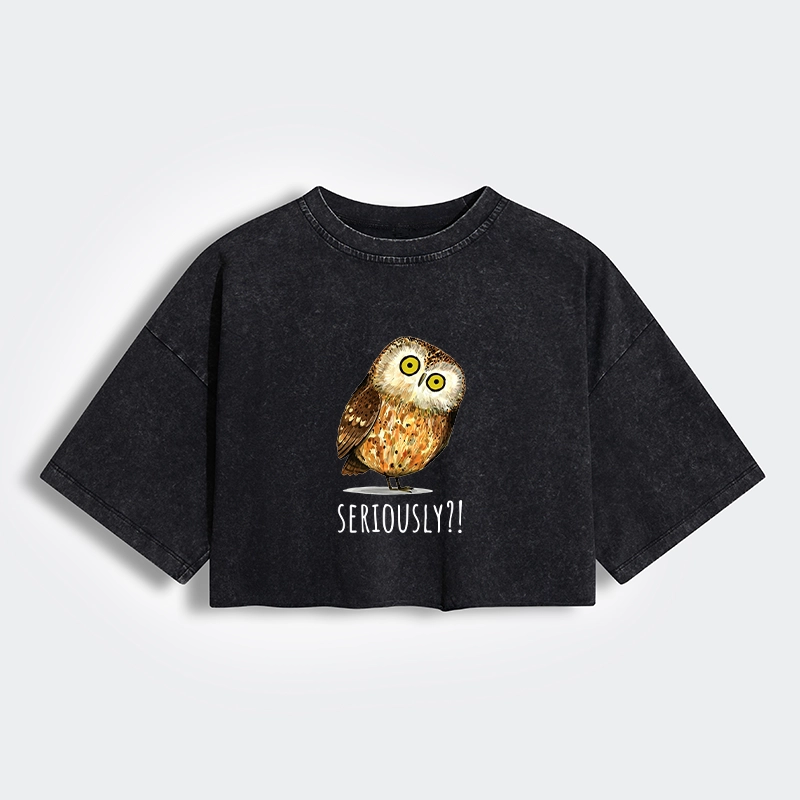 Tokyo-Tiger Seriously Confused Owl Meme Art Women's Washed Crop T-Shirt