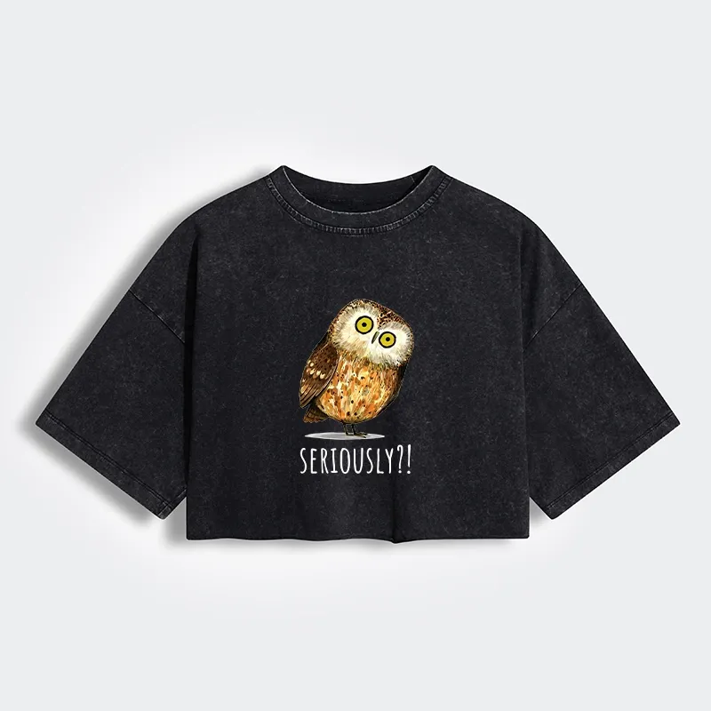 Tokyo-Tiger Seriously Confused Owl Meme Art Women's Washed Crop T-Shirt