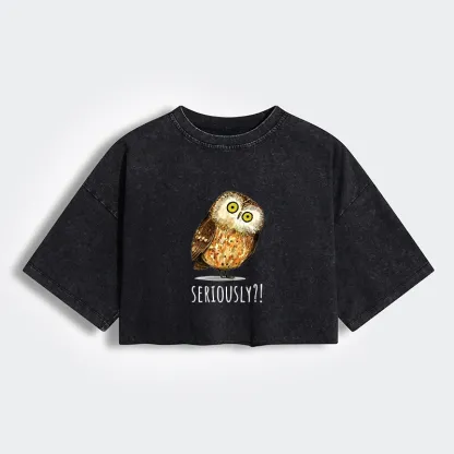Tokyo-Tiger Seriously Confused Owl Meme Art Women's Washed Crop T-Shirt