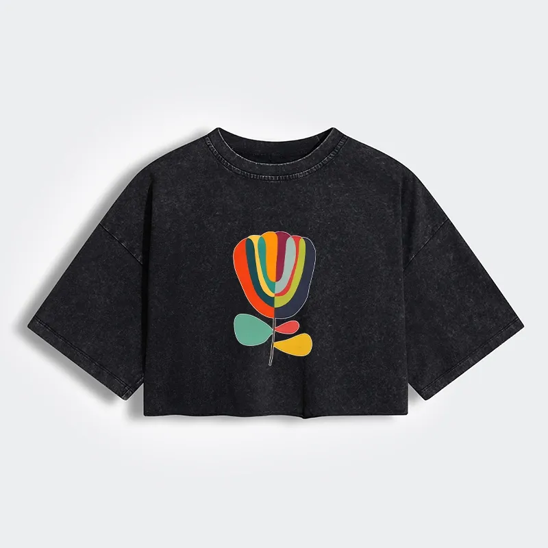 Tokyo-Tiger Colorful Flower Minimalist Print Women's Washed Crop T-Shirt