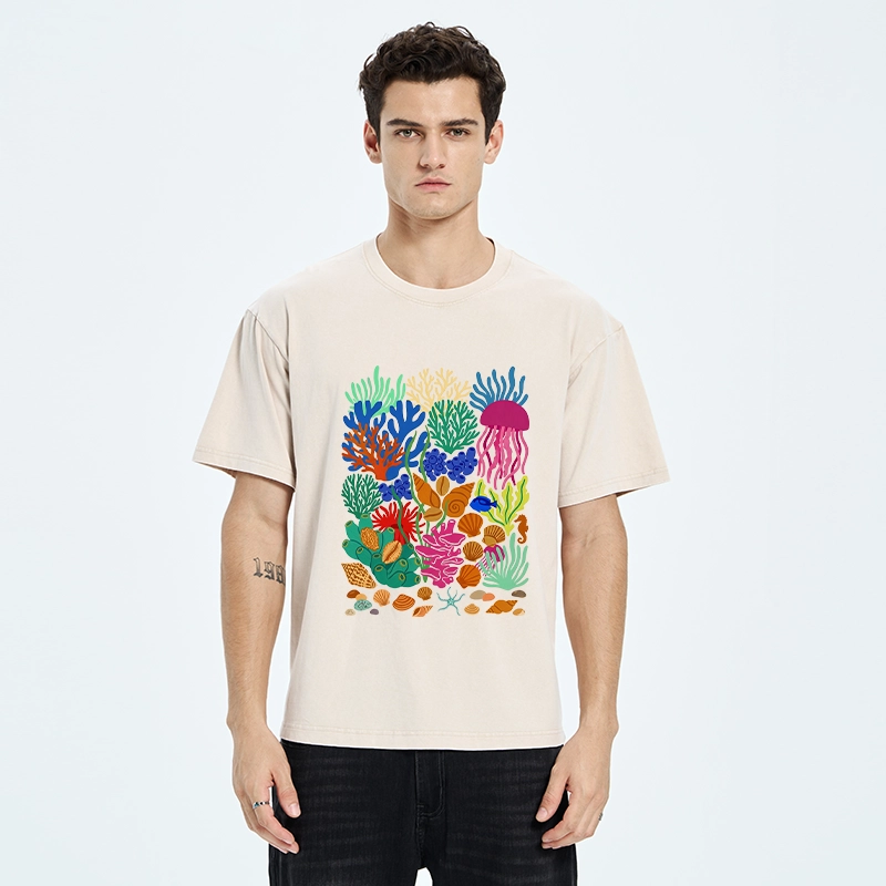 Tokyo-Tiger Bright Sea Garden Full Of Sea Friends Washed T-Shirt