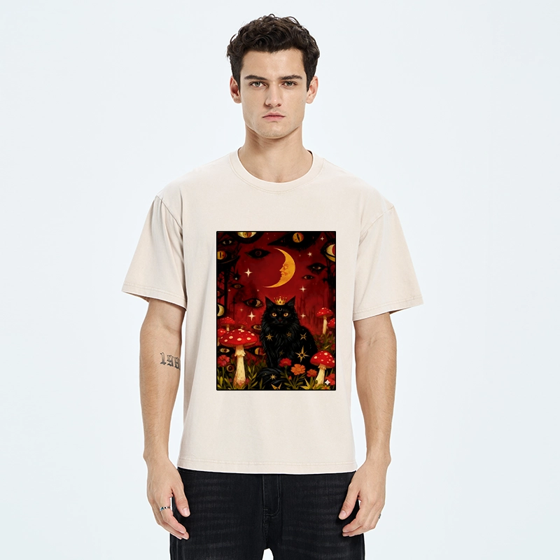 Tokyo-Tiger Mystic Cat Amid Red Spotted Mushrooms Washed T-Shirt