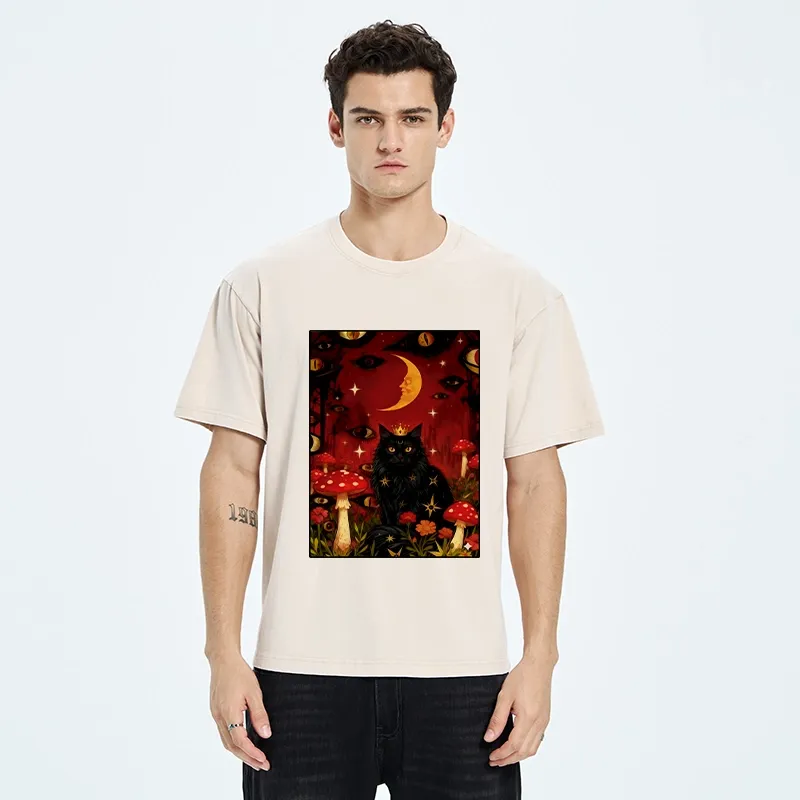 Tokyo-Tiger Mystic Cat Amid Red Spotted Mushrooms Washed T-Shirt