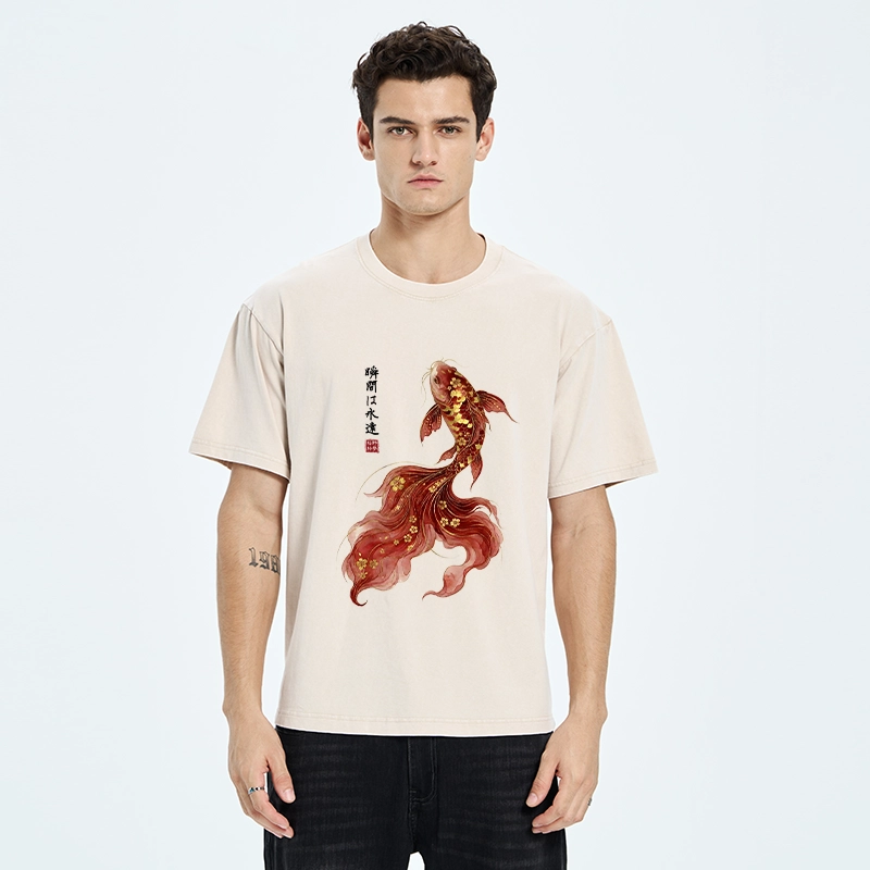 Tokyo-Tiger Golden Sakura Red Koi Ink Art Washed T-Shirt