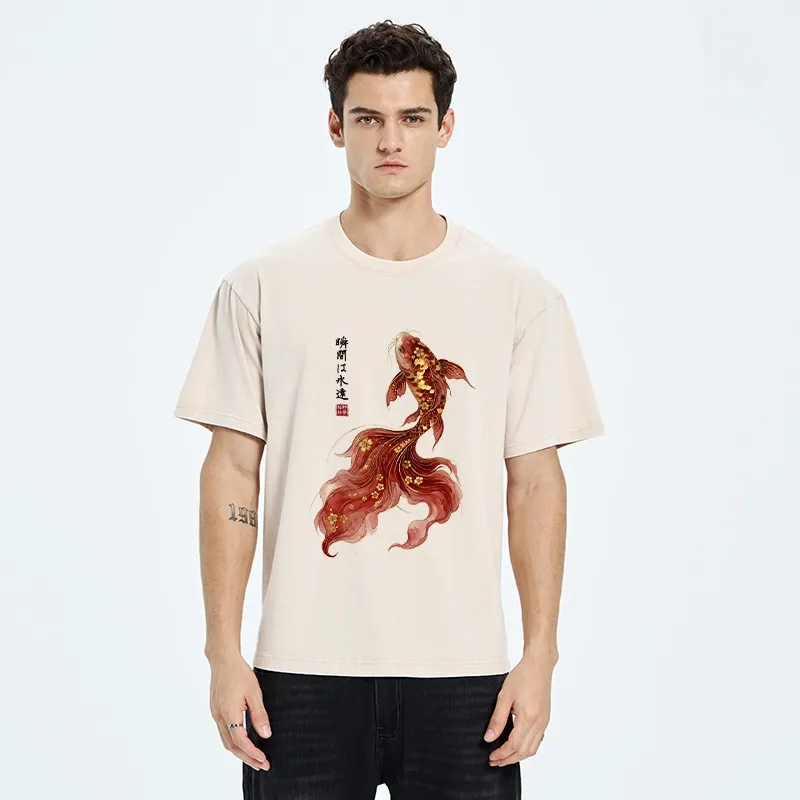 Tokyo-Tiger Golden Sakura Red Koi Ink Art Washed T-Shirt