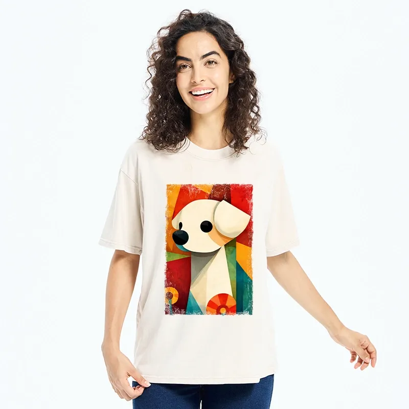 Tokyo-Tiger Retro Abstract Color Block Puppy Art Washed T-Shirt