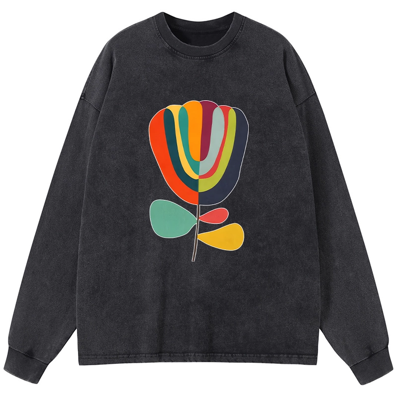 Tokyo-Tiger Colorful Flower Minimalist Print Washed Long Sleeve T-Shirt