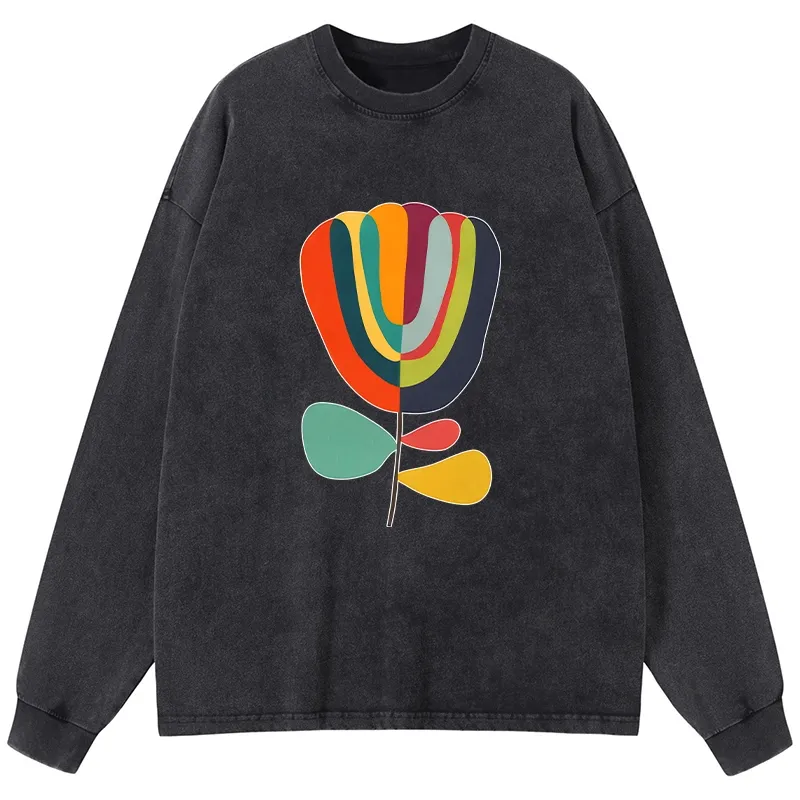 Tokyo-Tiger Colorful Flower Minimalist Print Washed Long Sleeve T-Shirt