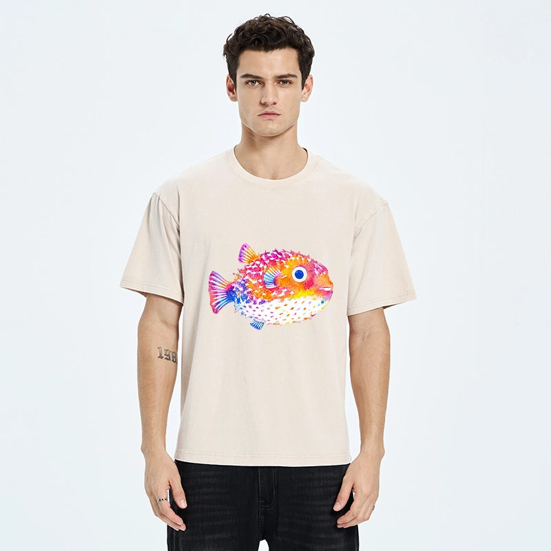 Tokyo-Tiger Rainbow Watercolor Puffer Fish Art Washed T-Shirt