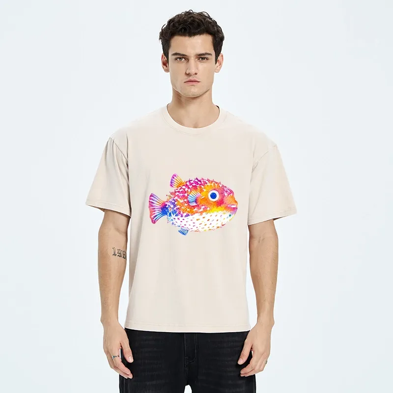 Tokyo-Tiger Rainbow Watercolor Puffer Fish Art Washed T-Shirt