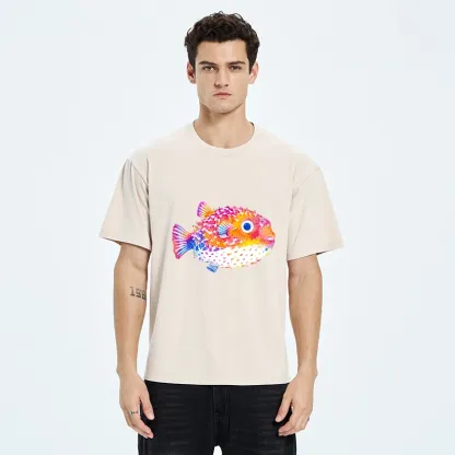 Tokyo-Tiger Rainbow Watercolor Puffer Fish Art Washed T-Shirt