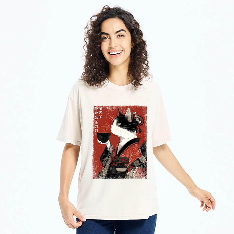 Tokyo-Tiger Kimono Tea Cat Red Vintage Ink Art Washed T-Shirt
