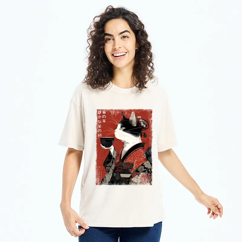 Tokyo-Tiger Kimono Tea Cat Red Vintage Ink Art Washed T-Shirt