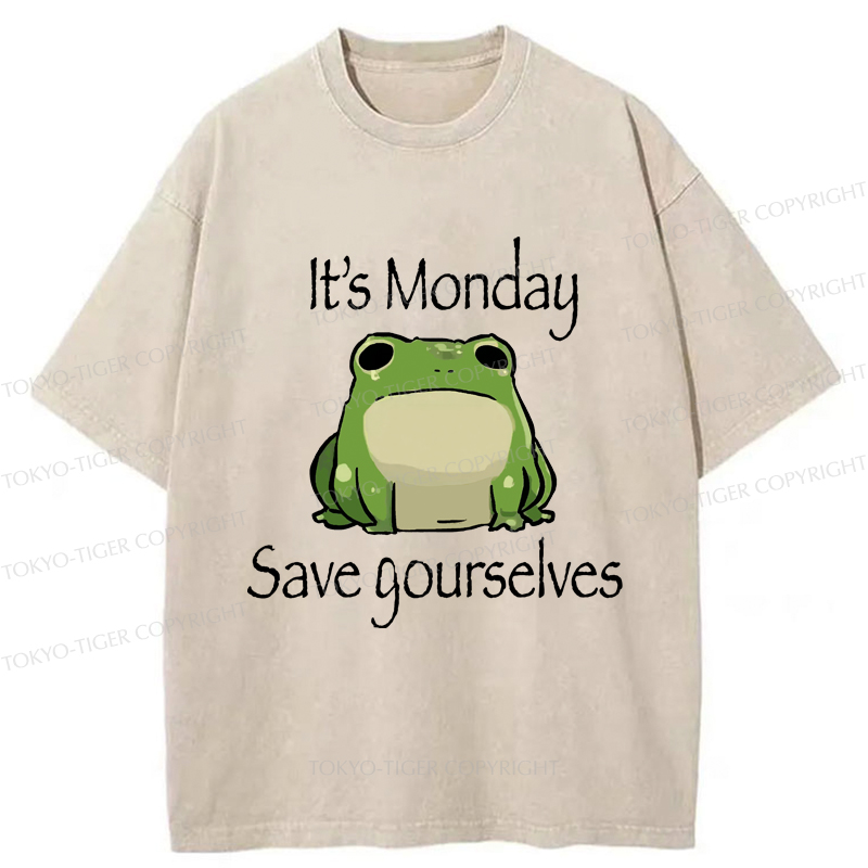 Tokyo-Tiger Funny Frog: It's Monday Save Yourselves Washed T-Shirt