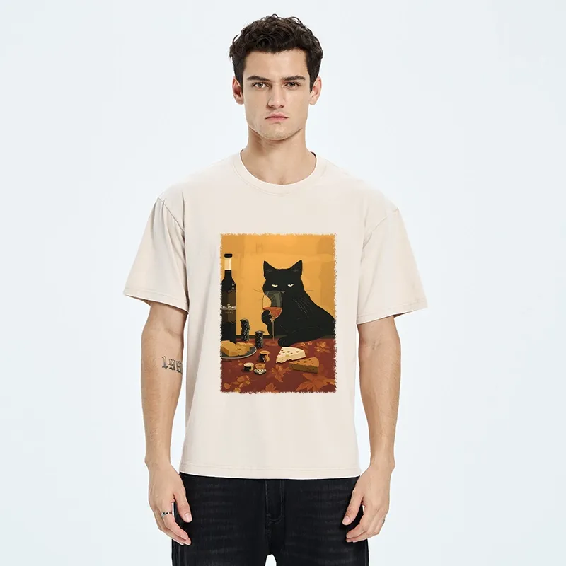 Tokyo-Tiger Chill Black Cat Wine Cheese Art Washed T-Shirt